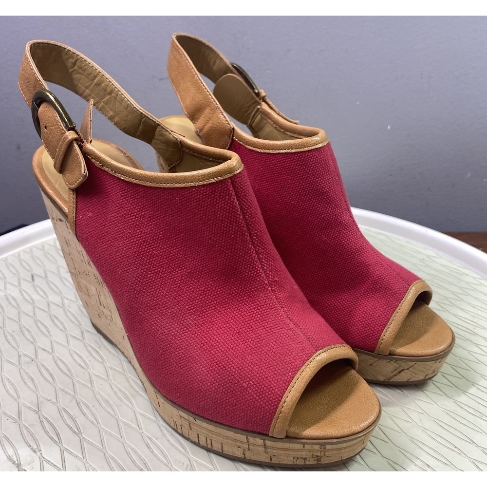 Nine West Red Canvas Women's Wedge‎ Heels Peep Toe Cork Heel Espadrille Shoes 8M